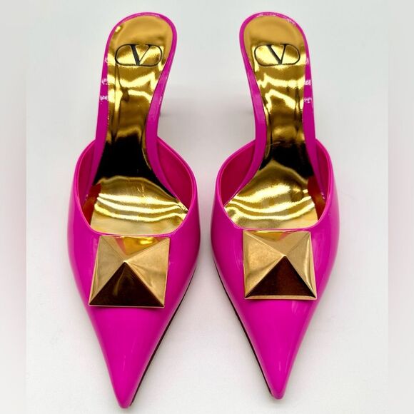 Valentino Garavani One Stud Pink Patent Leather Mules Heels EU 37.5 US 7.5 - Picture 3 of 13